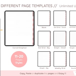 May include: Digital planner templates displayed on a tablet screen. The image shows various page layouts, including blank, dot grid, graph, weekly, and monthly grids. Text on the image reads "30 Different Page Templates // Unlimited Use" and "Copy, Paste or duplicate this pages and Enjoy !!!".