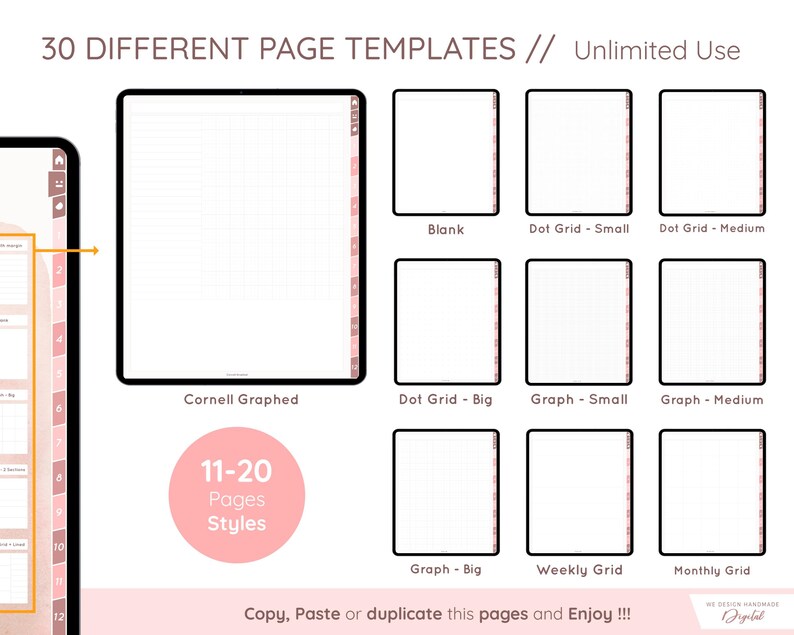 May include: Digital planner templates displayed on a tablet screen. The image shows various page layouts, including blank, dot grid, graph, weekly, and monthly grids. Text on the image reads "30 Different Page Templates // Unlimited Use" and "Copy, Paste or duplicate this pages and Enjoy !!!".