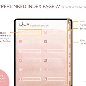 May include: A digital tablet screen displays a customizable index page with 12 sections. The text "HYPERLINKED INDEX PAGE // 12 Section Customizable" is at the top. The index features hyperlinked tabs for easy navigation. The design includes a watercolor-style background.