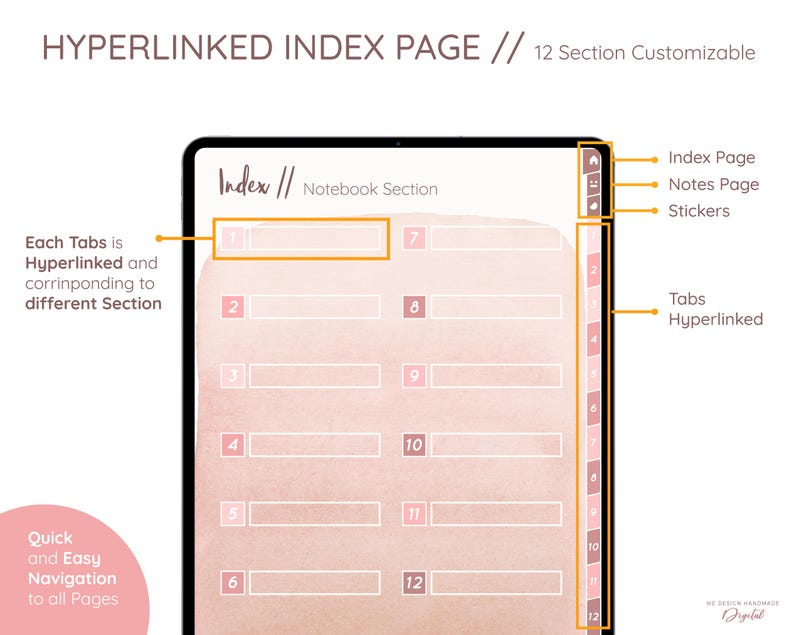 May include: A digital tablet screen displays a customizable index page with 12 sections. The text "HYPERLINKED INDEX PAGE // 12 Section Customizable" is at the top. The index features hyperlinked tabs for easy navigation. The design includes a watercolor-style background.
