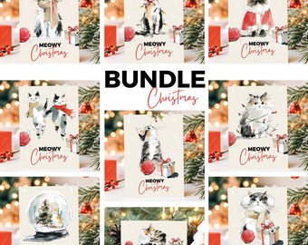 Christmas Cat Printable Bundle | 9 PNG Files | Cute Holiday Cat Art | Digital Download