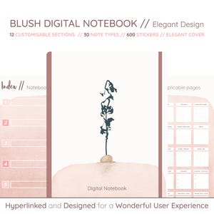 May include: A digital notebook with a blush-colored cover and elegant design. The cover features a minimalist illustration of a plant. The notebook includes 12 customizable sections, 30 note types, and 600 stickers. Text on the cover reads "Digital Notebook".