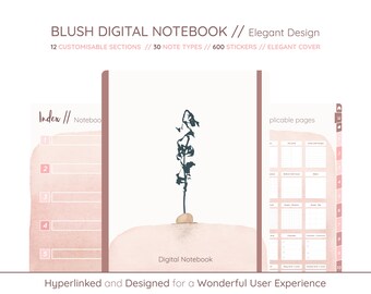 Digital Notebook for GoodNotes – Pink Digital Planner with 12 Sections, 30 Templates, 600 Stickers and Hyperlinked PDF for iPad Tablet