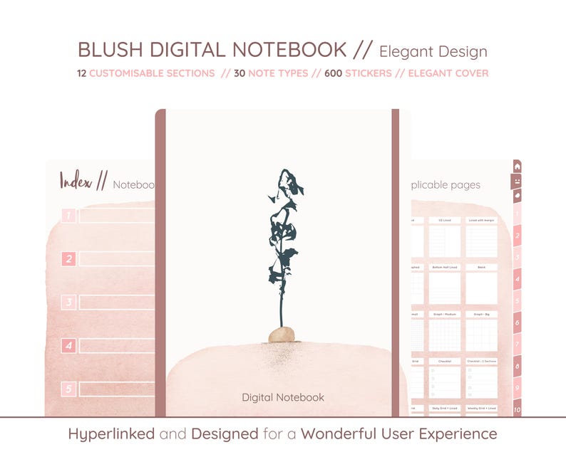 May include: A digital notebook with a blush-colored cover and elegant design. The cover features a minimalist illustration of a plant. The notebook includes 12 customizable sections, 30 note types, and 600 stickers. Text on the cover reads "Digital Notebook".