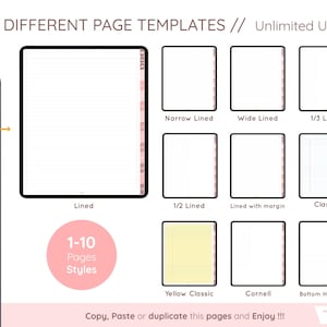 May include: Digital planner templates with various page styles, including lined, wide lined, and Cornell notes. The image displays a tablet with a digital planner interface and several page layout options. Text reads "30 Different Page Templates // Unlimited Use."