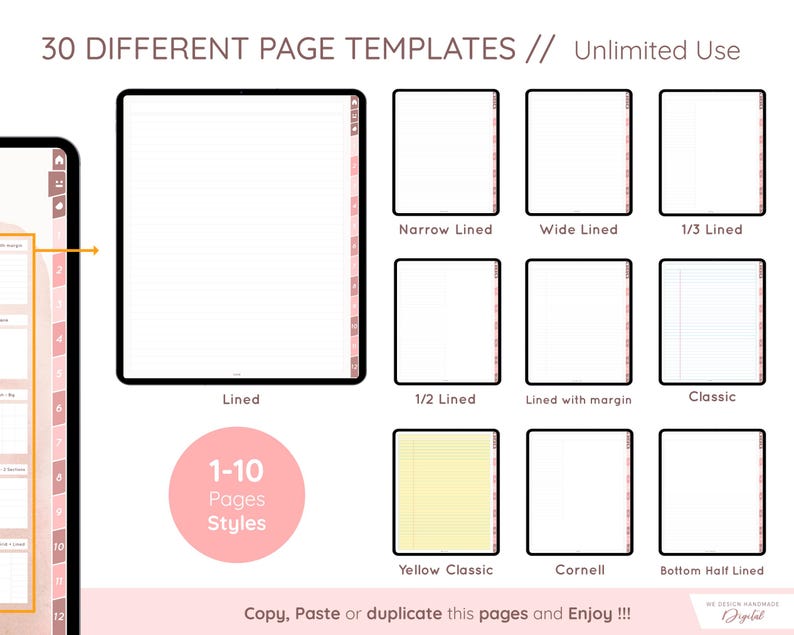 May include: Digital planner templates with various page styles, including lined, wide lined, and Cornell notes. The image displays a tablet with a digital planner interface and several page layout options. Text reads "30 Different Page Templates // Unlimited Use."