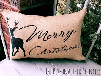 Merry Christmas Burlap Pillow Cover, Merry Christmas, Reindeer Pillow Cover, Christmas Pillow, Christmas Cushion cover, Christmas Gift