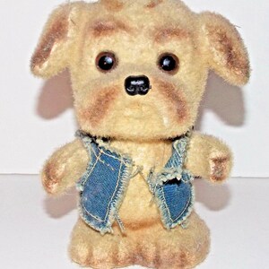 Vintage Dog in a Jean Vest Piggy Bank 5in Tall Fuzzy Ceramic Rare Puppy Coins