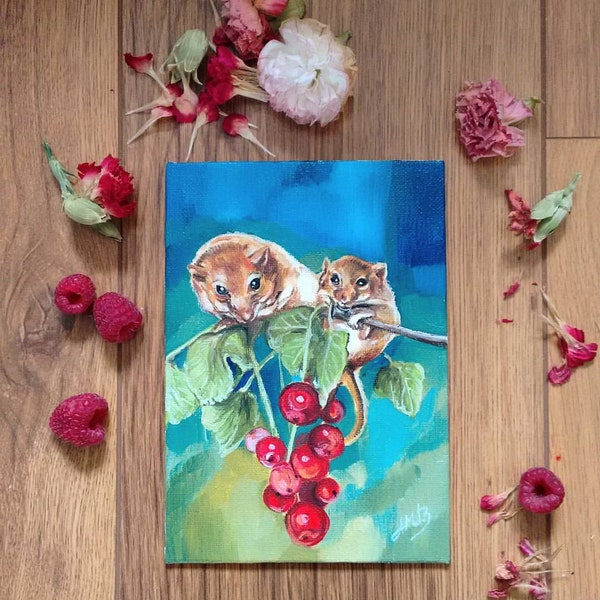 Oil Painting "Two Mice with Berries" - Mouse & Berries Painting -  Mother's Gift - Baby's Gift - Nursery Wall Decor - Dormice - Hazel Mouse