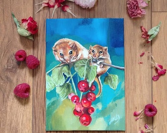 Dormice Oil Painting – Two Mice with Berries, Nursery Wall Art