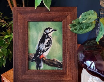 Great Spotted Woodpecker Original Oil Painting - Bird Painting on Canvas - Bird Art - Nature Lover's Gift - Bird Watchers - British Wildlife