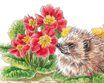 Primroses and Hedgehog Print - Garden Wildlife Scene - Cute Hedgie sitting in Flowers - Little Animal Watercolour Art - Nursery Wall Decor
