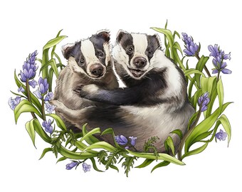 Badgers Print from an Original Ink Illustration - Couple of Cute Badgers - Wildlife Lover's or Valentines' Gift - Woodland/Forest Animals