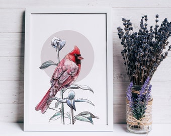 Northern Cardinal Print - Red Bird Illustration - Watercolour Ink Drawing of a Cardinal - Digital Print Wall Decor - Flower and Bird Art