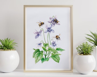 Dog Violets and Bumblebees Print - Bee and Flowers Illustration - Bee Lover's Gift - Botanical Drawing - Wildflowers and Bumblebee - Spring