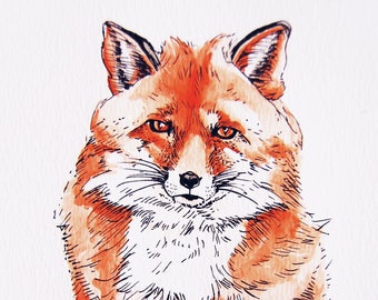 Fox Watercolour - Ink pen Drawing - Original Pen & Watercolour Drawing - Woodland Animal - Fox Painting - Forest Animal - British Country