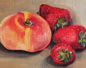 Peaches & Strawberries - Original Oil Painting on Paper - Mounted - Summer Fruit Wall Art - Still Life Painted From Nature - Kitchen Décor