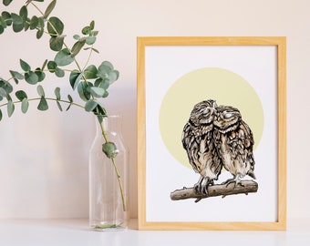 Owls in Love - Love Owls Print - Birds Print - Print of an Original Drawing - Kissing Birds - Romantic Gift - Woodland Birds - Digital Color