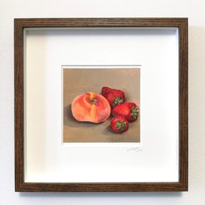 Peaches & Strawberries - Original Oil Painting on Paper - Mounted - Summer Fruit Wall Art - Still Life Painted From Nature - Kitchen Décor