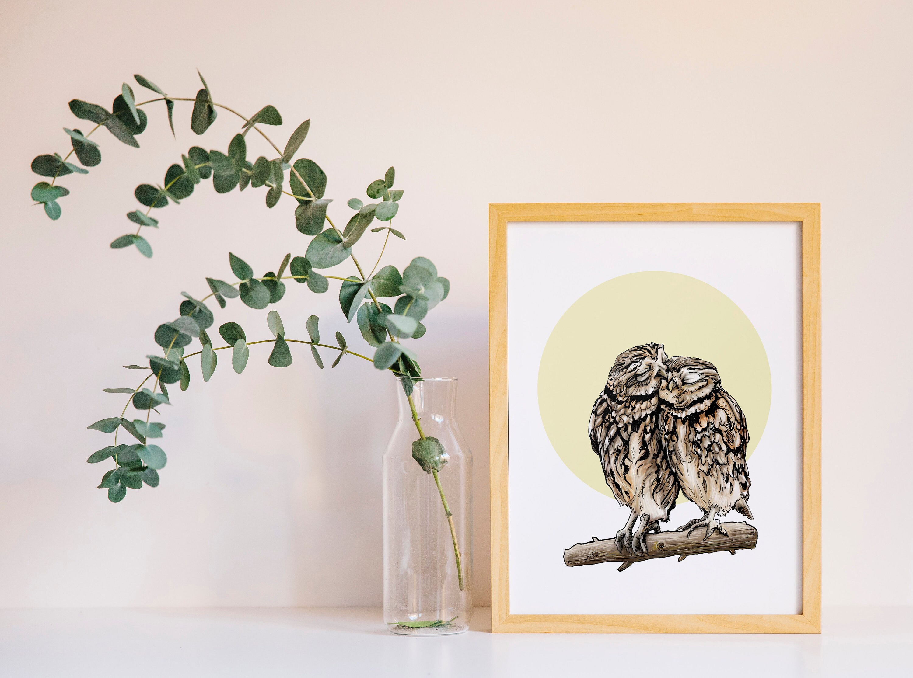 Owls in Love - Love Owls Print - Birds Print - Print of an Original Drawing - Kissing Birds - Romantic Gift - Woodland Birds - Digital Color