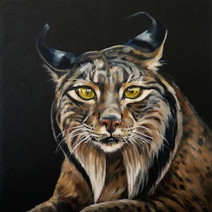 Iberian Lynx Original Oil Painting on Wood Panel - Wildlife Art Nature Gift - Endangered Wild Cat Art - Big Cat Painting -  Spanish Tiger