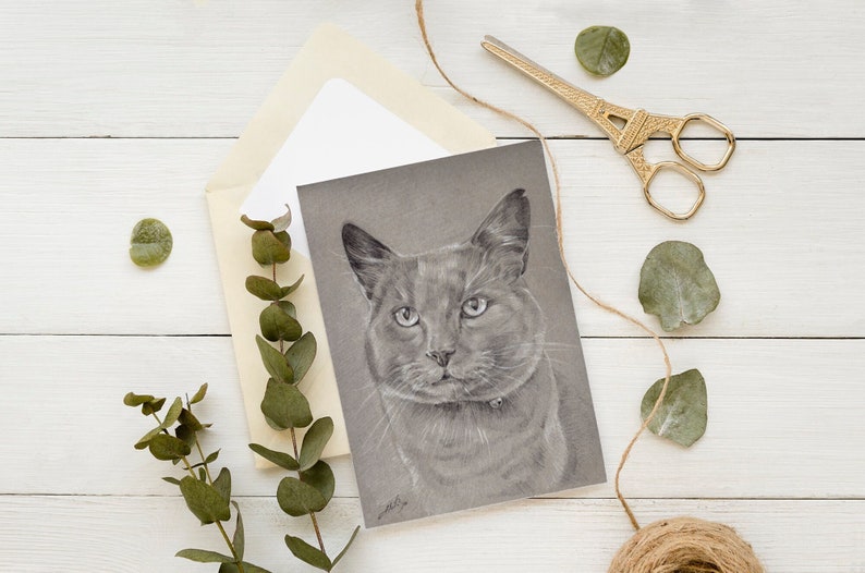Cat Pet Portrait made with pencil on grey paper, with white highlights