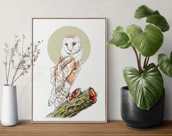 Lámina de lechuza común - Basada en una ilustración original en acuarela y tinta - Tamaño A4 - Arte de aves silvestres