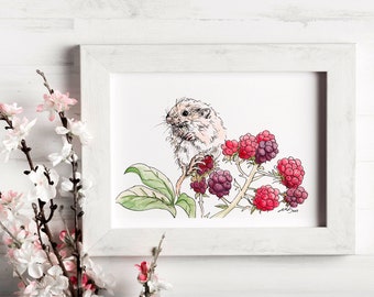 Rysunek Myszki z Jagodami - Oryginalna Akwarela - Ilustracja Tuszem Myszki z Jeżynami - Mała Sztuka Przedszkolna - Słodkie Zwierzęta Leśne