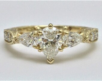 Three Stone Pear Shape Diamond Engagement Ring, Hand Engraved Band in Yellow Gold, GIA