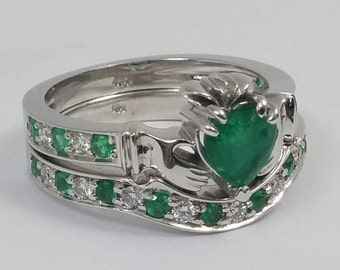 Loyalty Claddagh, Emerald and Diamond Bridal Set with Emerald Heart Shape, Engagement Ring and Wedding Band