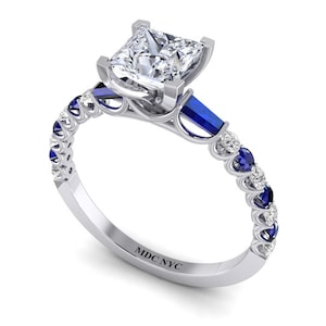 Princess Moissanite Engagement Ring Blue Sapphire & Diamonds accents in 14k White Gold