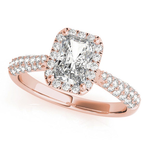Etoil Style Radiant Cut Diamond Halo Engagement Ring in Rose | Etsy