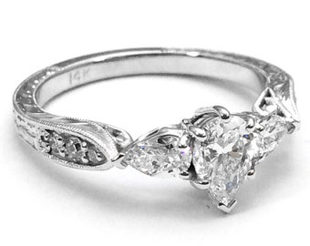 Three Stone Pear Shape Diamond Engagement Ring, Hand Engraved Band