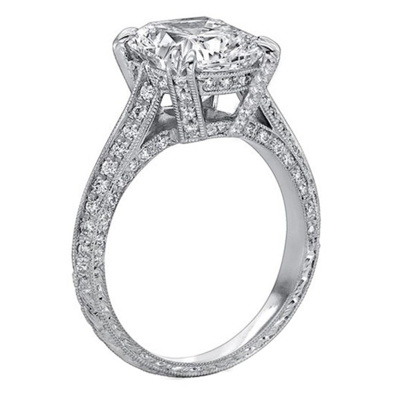 Vintage Style Cushion Diamond Cathedral Knife Edge Engagement Ring