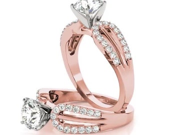 Horseshoe Diamond Band Engagement Ring 14k Pink Gold Forever One Moissanitem