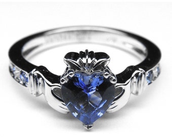 Blue Sapphire  Heart  Claddagh Ring 14K White Gold Ring with Blue Sapphire & Diamonds