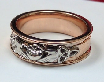 Irish Claddagh with Celtic Sleeves Rose & White Gold Wedding Ring