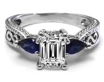 Emerald Cut Diamond Filigree Engagement Ring Blue Sapphire Side Stones, GIA D IF 1.01 Carat Total Weight