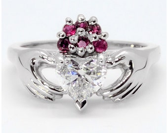 Claddagh Heart Diamond Engagement Ring, White Gold - IGI Certified