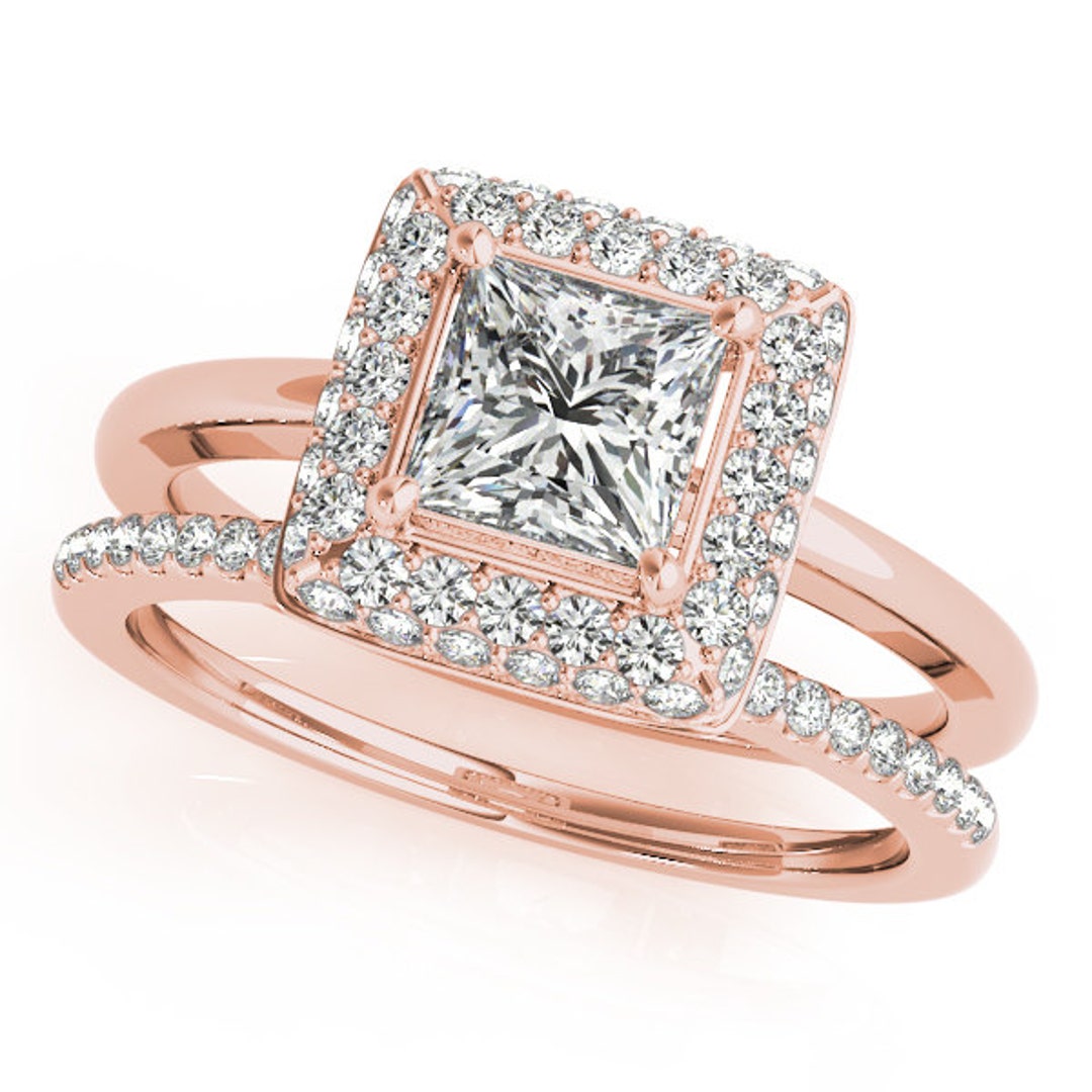 0.49ct Princess Cut Diamond Claw/Bead Set Halo Engagement Ring in 18ct Rose & White Gold main image 0