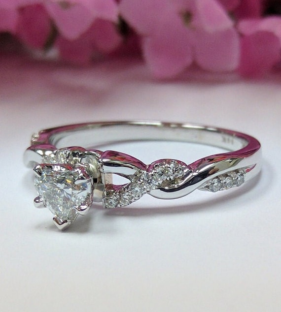 Heart Shape Diamond Petite Twisted Pave Band Engagement Ring 14k