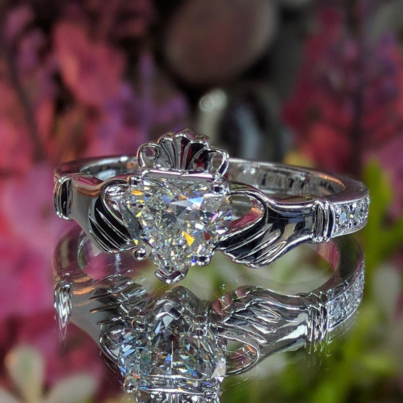 Moissanite Heart Shape Claddagh Engagement Ring 14k White Gold Etsy
