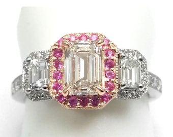 Three Stone Emerald Cut Diamond Engagement Ring Halo Vintage Design 14k Pink Gold & 950 Platinum - GIA Certified