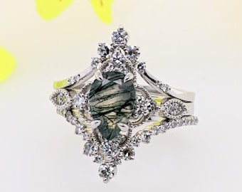 Moss Agate Pear Shape Stone, Cluster Diamond Bridal Set Engagement Ring -14k White Gold