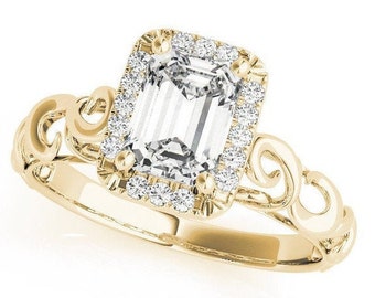 Emerald Cut Diamond Filigree Halo Solitaire Engagement Ring Yellow Gold - GIA Certified