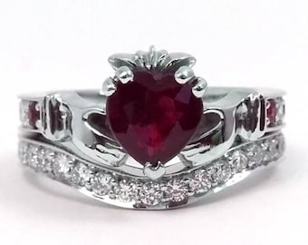 Red Garnet & Diamond  Loyalty Claddagh Engagement Ring and Wedding Band.