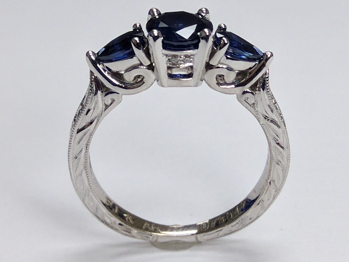 Sapphire Round & Pear Shape Engagement Ring Hand Engraved - Etsy