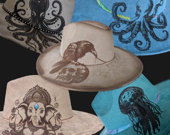 Custom hand Burned Hat , Pyrography Hats , Bohemian Hat, Fashion Hats, Cutom Hat