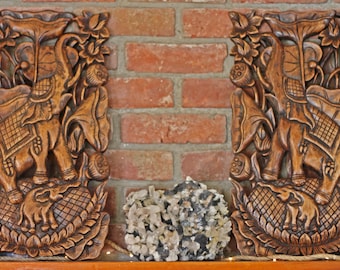 Teak Wood Carved Elephants in Lotus Pond. Fair Trade