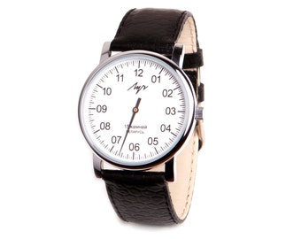 One Hand Luch Mechanical Reloj de pulsera Hombre cuero Vintage White 77471760 RUS